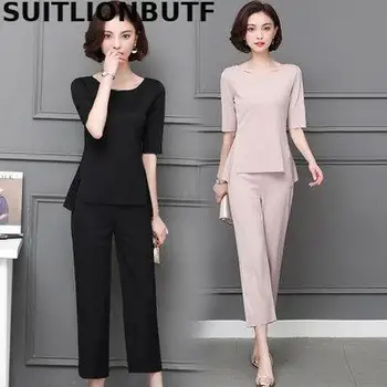 

Suitlionbutf 2020 Summer Plus Size 2 Piece Set Pullover Split Hem Tops Ropa Mujer Elastic Waist Straight Pants Conjunto Feminino