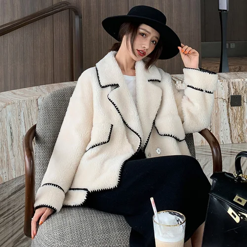white Real Fur Coat Streetwear Wool Jacket Autumn Winter Coat Women Clothes Korean Vintage Sheep Shearling Suede Lining ZT3531 - Цвет: white