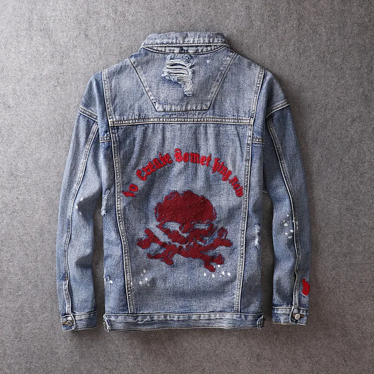 

Men's Denim Jackets Spring Autumn Men's Pattern Denim Fashion Jacket Europe Hip Hop Style Street Tide loose jacket jeans