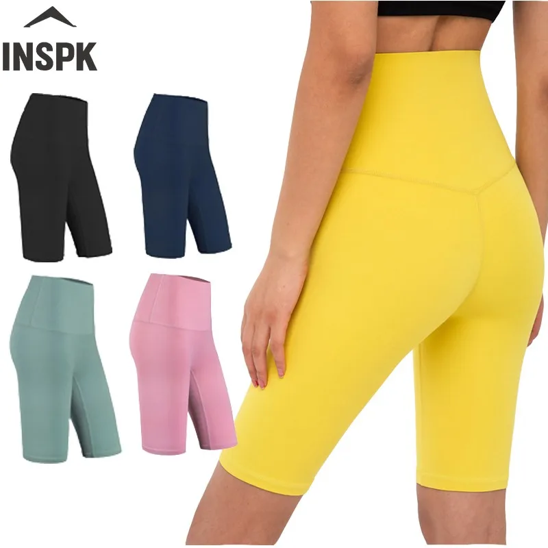 

INSPK Sports Leggings Pure Colors High Waist Five-point Tight Yoga Shorts Seamless Elasticed Fitness Clothing For Gym Training