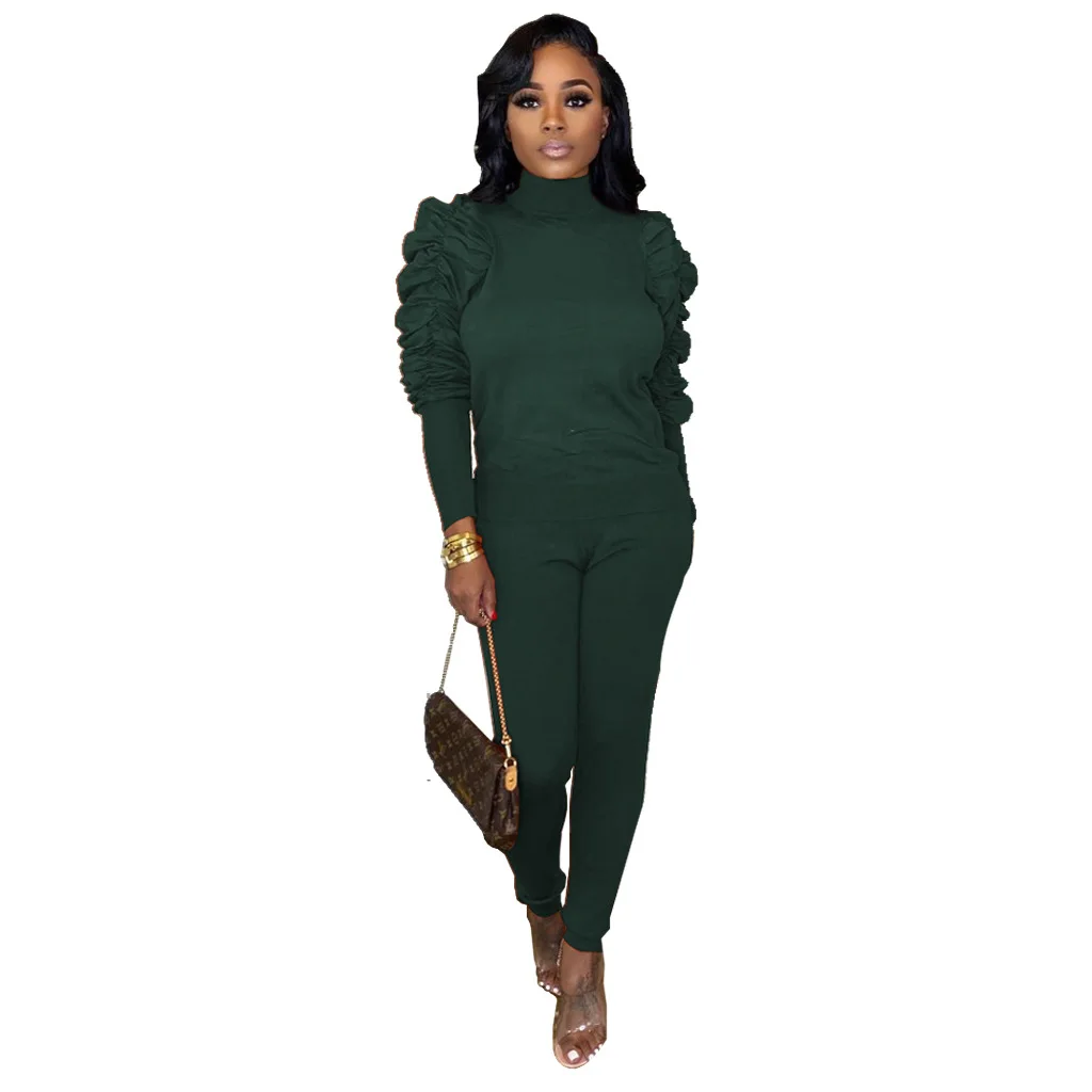 Dark Green Однотонный повседневный комплект из двух предметов, спортивный костюм для женщин с высокой горловиной и рюшами, футболка с длинным рукавом и длинные штаны размера плюс осенние зимние наряды - Цвет: Dark Green