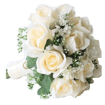 

Artificial White Rose Flower Bouquet Wedding Bouquet de mariage Handmade Leaves Flowers Bridesmaid Wedding Bouquets
