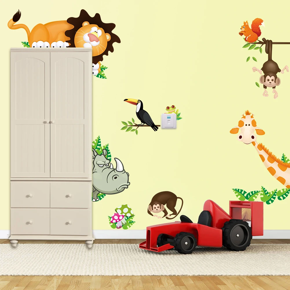 Cartoon Animals lion Wall Stickers DIY Children Mural Decals for Kids Rooms Baby Bedroom Wardrobe Door Decoration