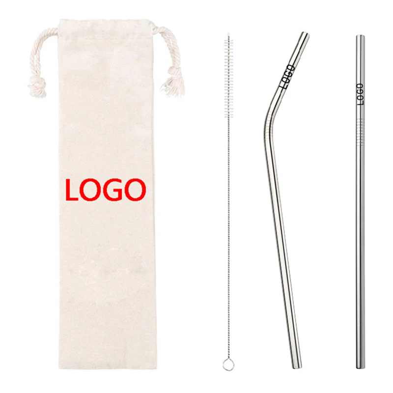 

Customized Logo Reusable 304 Stainless Steel Drinking Straws Two straws With One Brush Pack Into Jute bag(With Logo) 50sets