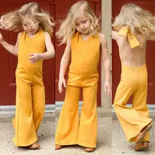 Одежда для маленьких девочек; комбинезон без рукавов с лямкой на шее; желтый комбинезон; расклешенные брюки; одежда для детей 1-6 лет; Быстрая