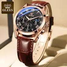 OLEVS-reloj deportivo de lujo para hombres, cronógrafo de cuarzo, de cuero marrón, a la moda, nuevo, 2020
