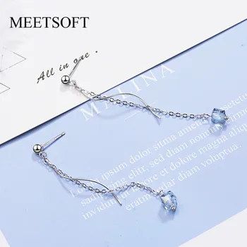 

MEETSOFT 925 Sterling Silver Prevent Allergy Drop Earrings for Women Trendy Design Gradient Cube Crysyal Tassel Jewelry Gift