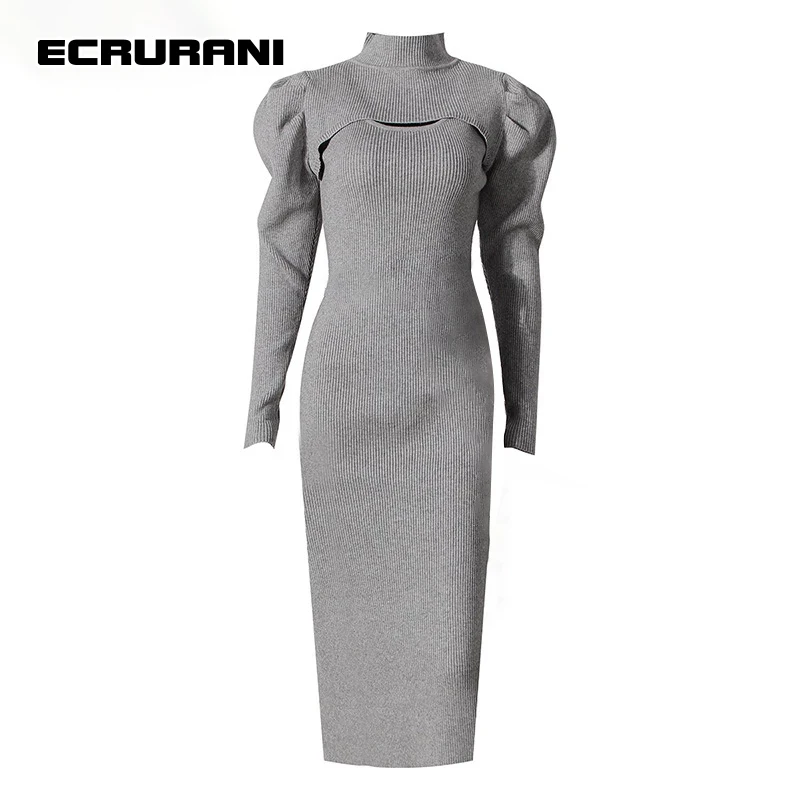 ECRURANI Casual Two Piece Set For Women Long Sleeve Tops Round Neck Sleeveless Slim Side Split Dress 2021 Females Dresses Suits maternity clothes premama sleeveless dresses skirts summer casual pregnant women solid o neck dress vestidos pregnancy clothing