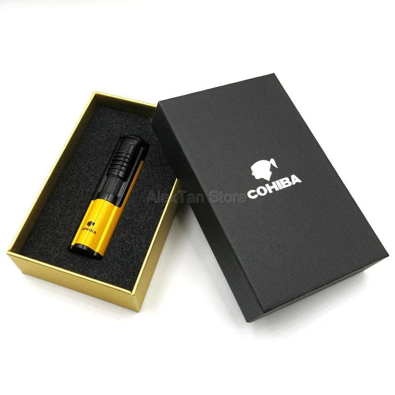 COHIBA популярная металлическая ветрозащитная 1 фонарь, струйный огонь, сигарета, зажигалка, аксессуары для сигар с подарочной коробкой