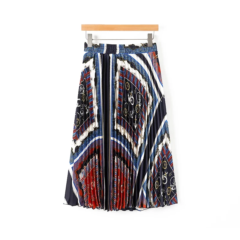 

Stain Silk Skirts Women 2019 Summer Chic Chain Print Pleated Skirts High Waist Bohemian Midi Skirt Ladies Boho Jupe Saias faldas