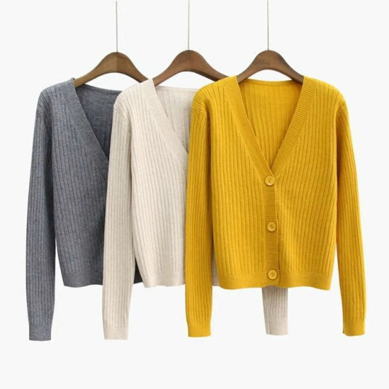 

autumn spring women sweater knitted cardigan v neck casual grey white yellow full sleeve overcoat 0.4
