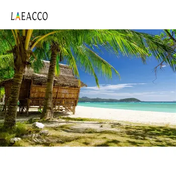 

Laeacco Sea Beach Palms Tree Cottages Blue Sky Natural Scenic Photography Backgrounds Photographic Backdrops For Photo Studio