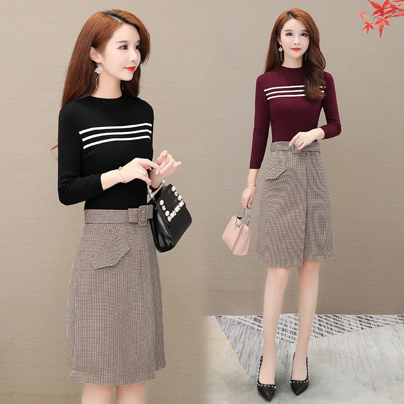 

High-waisted Dress Women's 2019 Autumn Mock Two-Piece Knit Stripes High-waisted Slim Fit Slit One-step Skirt