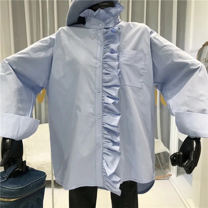 Новинка, Blusas Mujer De Moda, блузка с оборками, Женская Весенняя рубашка с длинным рукавом, Blusas Femininas, Элегантная блузка из смешанного хлопка