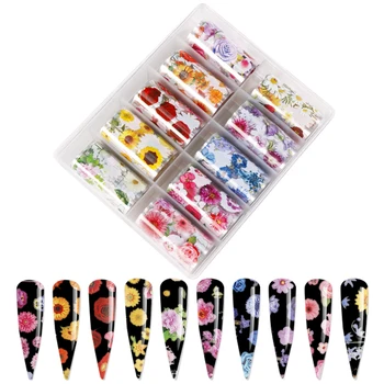 

hot-selling FOIL BOX Flowers Mix 10 / foil nail paper Flowers & leaves 10 different patterns of nail transfer foils decals