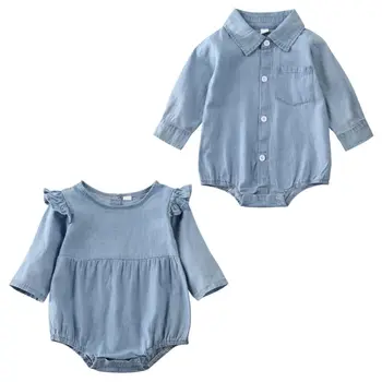 

0-18M Toddler Kids Baby Boy Girl Denim Romper Clothes Solid Long Sleeve Casual Jumpsuit Romper Outfit