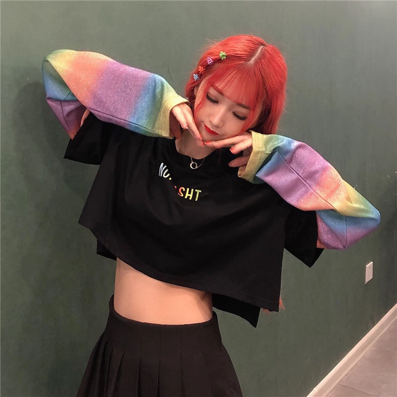 Футболки HARAJUKU женские в Корейском стиле радужные с длинным рукавом Лоскутные свободные топы тройник Повседневная футболка женская летняя уличная