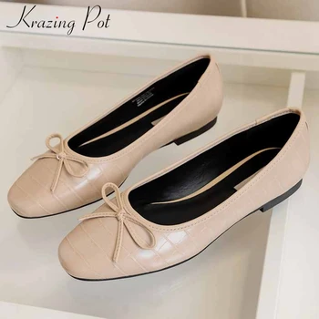 

Krazing pot soft print genuine leather shoes sweet bowtie flat with shoes leisure loafers round toe solid cozy women shoes L29