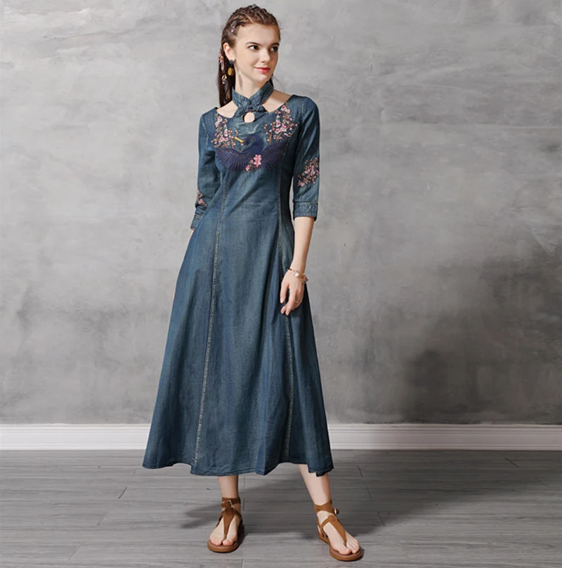 TEELYNN джинсовые платья для женщин cheongsam платья синий хлопок Феникс Цветочная вышивка бохо платье осень цыганские платья vestidos