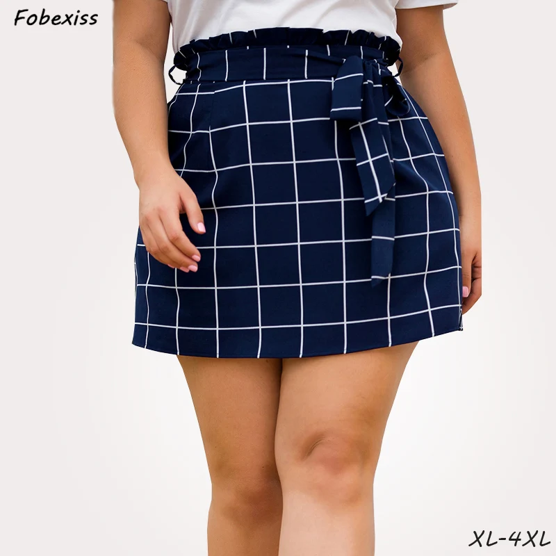 Women Skirt Summer 2019 New Plus Size 4XL High Waist Lace Up Mini Skirts Women Casual Blue Plaid Office Lady Skirts Faldas Mujer