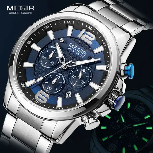 MEGIR 2020 Luxury Watches Men Top Brand Stainless Steel Waterproof Luminous Wristwatch Blue Sports Chronograph Quartz Watch Man 1