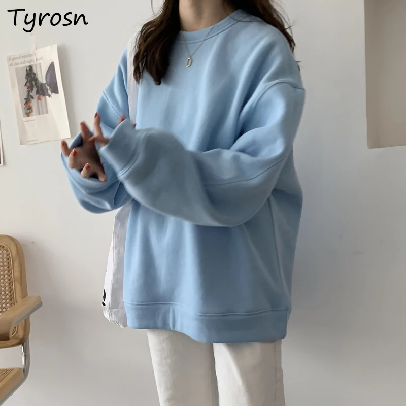 

Women Hoodies Solid Sweet Girls Loose Casual Simple Ulzzang All-match Tender Sweatshirts O-neck Y2K Pullover Retro Mujer Cozy