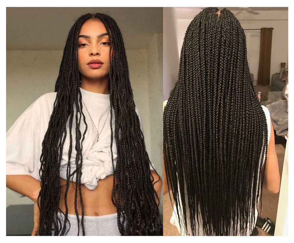 26 Inch Black Color Long Synthetic Lace Front Wigs Box Braided For Women Wig Heat Resistant Braiding Hair | Шиньоны и парики