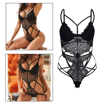 

Women Sheer Mesh Lace One Piece V-neck Sleepwear Bandage Bodycon Lingerie Sleepwear