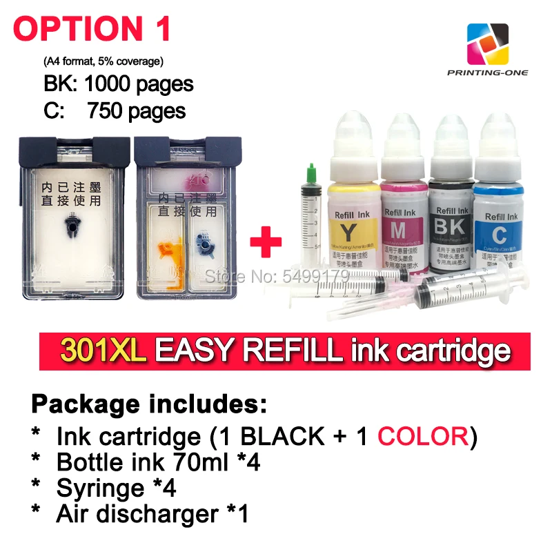 Option 1 PRINTING-ONE 301XL чернильный картридж легко Заправляемый hp 301 совместимый для hp 2050 1000 1050 2510 3000 Envy 4500 4502 Европейский принтер - Цвет: Option 1