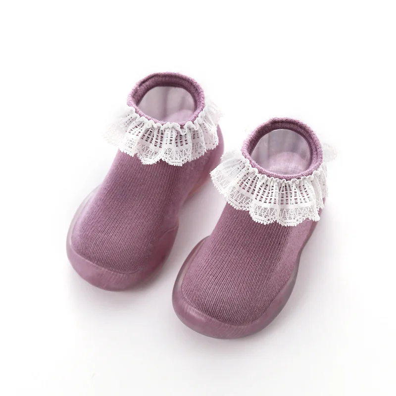 Обувь для маленьких девочек Нескользящие носки-тапочки детские резиновые носки кружевные носки для маленьких девочек обувь для маленьких девочек Обувь для новорожденных девочек - Цвет: Purple