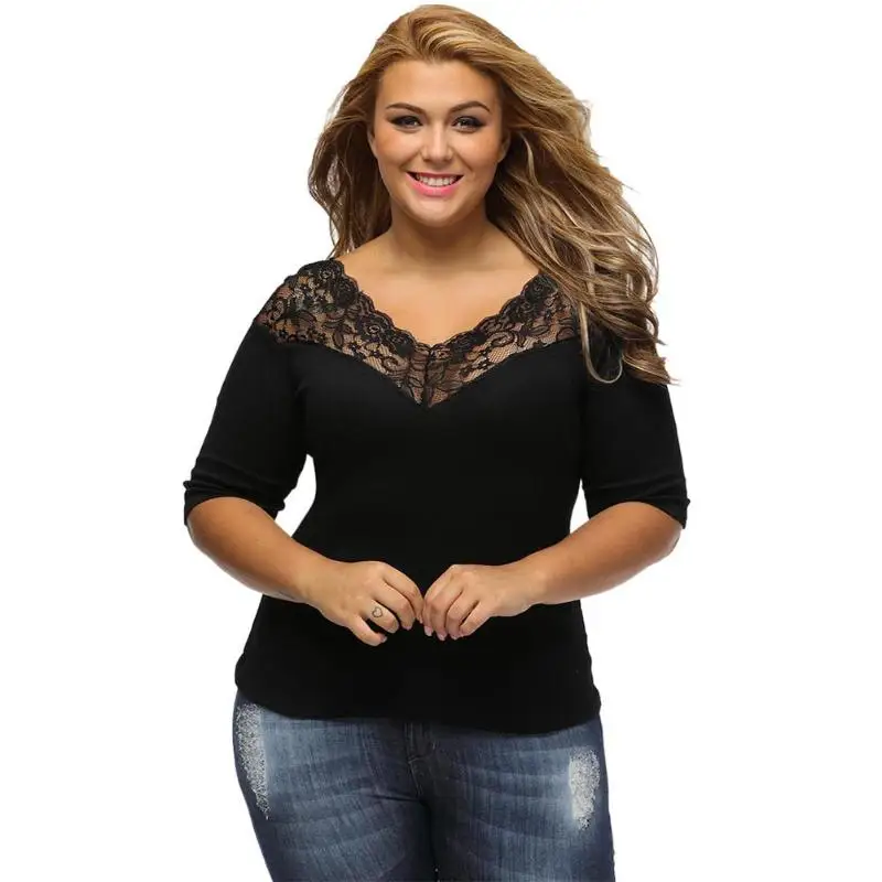 Women Lace V Neck T-Shirt Sexy Off Shoulder Solid Color Half Sleeve Tops | Женская одежда