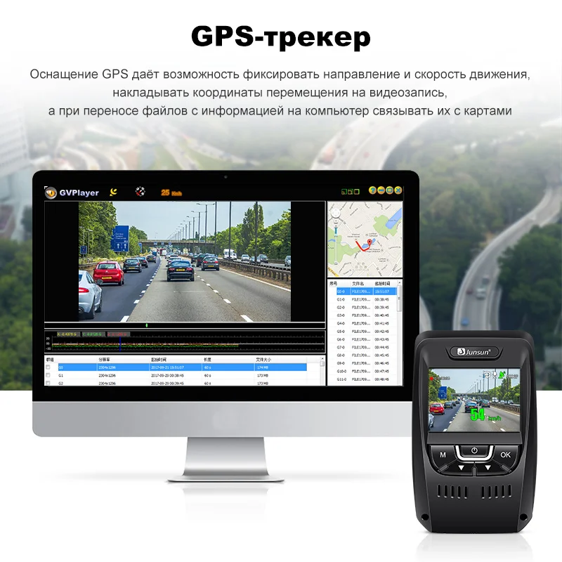 Junsun A7880 2 в 1 Автомобильный видеорегистратор gps Speedcam LDWS Super HD 1296P ночного видения