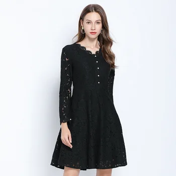 

Autumn Fashion Ladies elegant beaded Lace Dress Women crotchet V neck long sleeve plus size cultivating party Dress vestidos 5XL