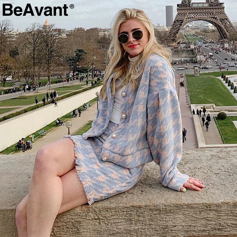 BeAvant, модная уличная одежда, клетчатое платье, женское, повседневное, две части, однобортный костюм, набор, шикарное, осень, зима, синее, женское, теплое платье