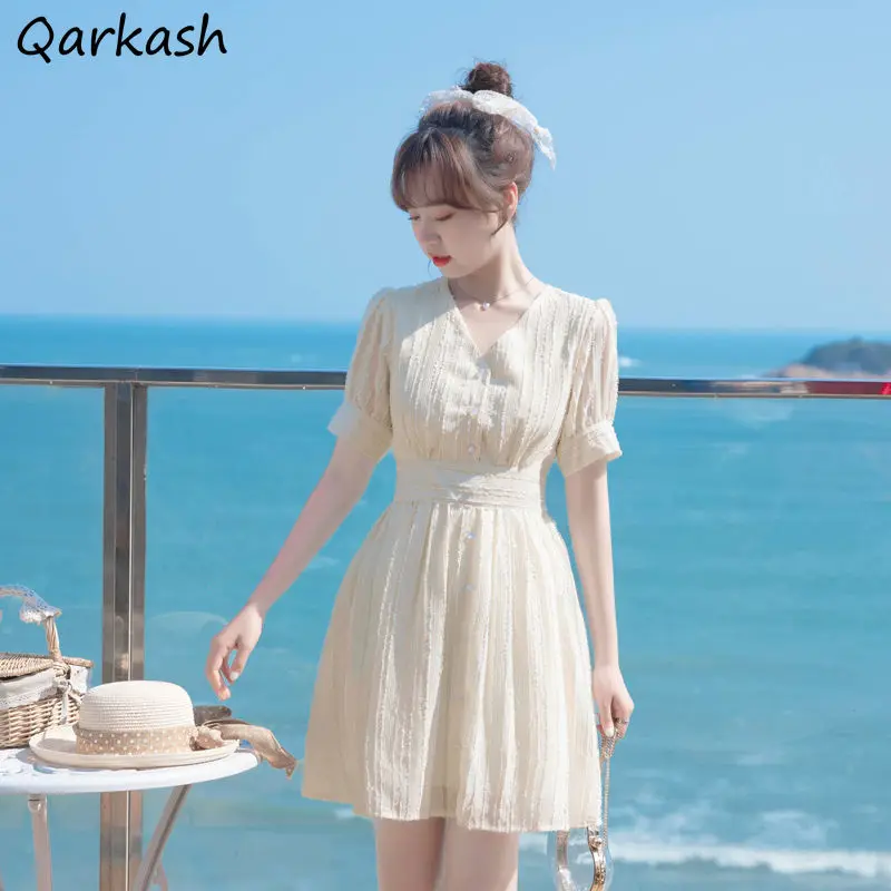 

Mini Dresses Women Solid V-Neck Short Sleeve High Waist Fashion Holiday Leisure All-match Summer Korean Version Elegant Vestidos