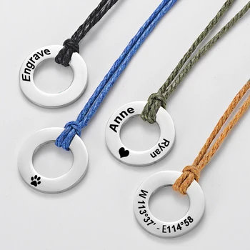 

Adjustable Rainbow Color Rope Chains Engraved Name Logo Date Round Circle Stainless Steel Pendant Necklace Custom Gift SL-145