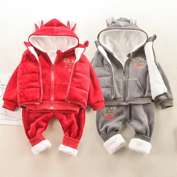 

Children's suit winter clothing baby girl warm clothes baby boy cartoon plus velvet thick hooded sweater vest three-piece suit