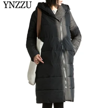 

YNZZU Winter New arrival Black Hooded Women down parkas Winter Thick Warm Zipper Overcoat Female Down Cotton Padded Coat YO908