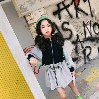 

Korean style patchwork cotton long coats for baby girls autumn new Drawstring hooded zipper outerwear jackets for children ws952