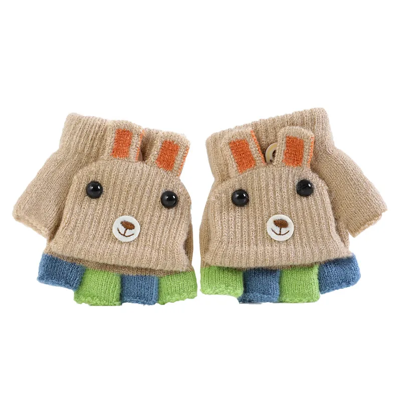 1 Pair Toddler Kid Newborn Cartoon Wool Gloves Half-finger Flip Girl Boy Children Soft Warmer Winter Stretch Mittens Gloves 0-3Y - Цвет: Хаки