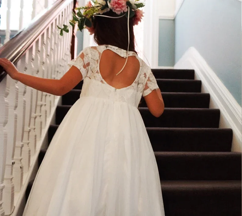 Vestidos De Comunion/ Платья с цветочным узором для девочек, кружевные платья для причастия из тюля, вечерние платья с короткими рукавами