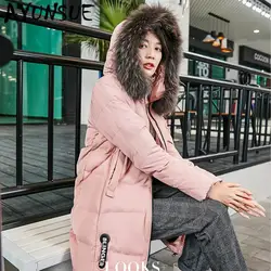 Куртка на 90% утином пуху для женщин, новинка 2019, зимнее пальто для женщин, воротник из меха енота, Корейская куртка-пуховик, женская теплая