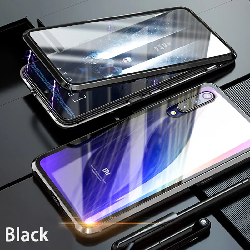 Black Чехол из закаленного стекла для REDMI NOTE 7 PRO K20PRO K20 7A XIAOMI 9T PRO 9TPRO 9SE 9 6X A2 CC9 CC9E Магнитный адсорбционный металлический чехол - Цвет: Black
