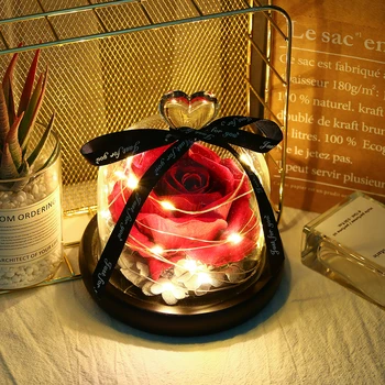 

Red Rose In A Glass Dome On A Wooden Base For Valentine's Gifts Beauty LED Rose Lamps Christmas For Wedding Party Home Decoratio