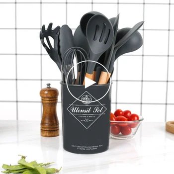 

5-14 Piece Set Dark Gray Silicone Kitchenware Cookware Set Wooden Handle Spatula High Temperature Kitchenware Cooking Cookware