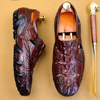 

QYFCIOUFU British Style Men Causal Shoes Loafers Genuine Leather Men Crocodile Shoes Male Hollow Out Lightweight Driving Shoes