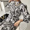 BGTEEVER Spring Fashion Stand Collar Women Dress Elegant Long Sleeve Loose Female Lace-up Printed Mid-length Dress Vestidos 2022 ► Photo 1/6