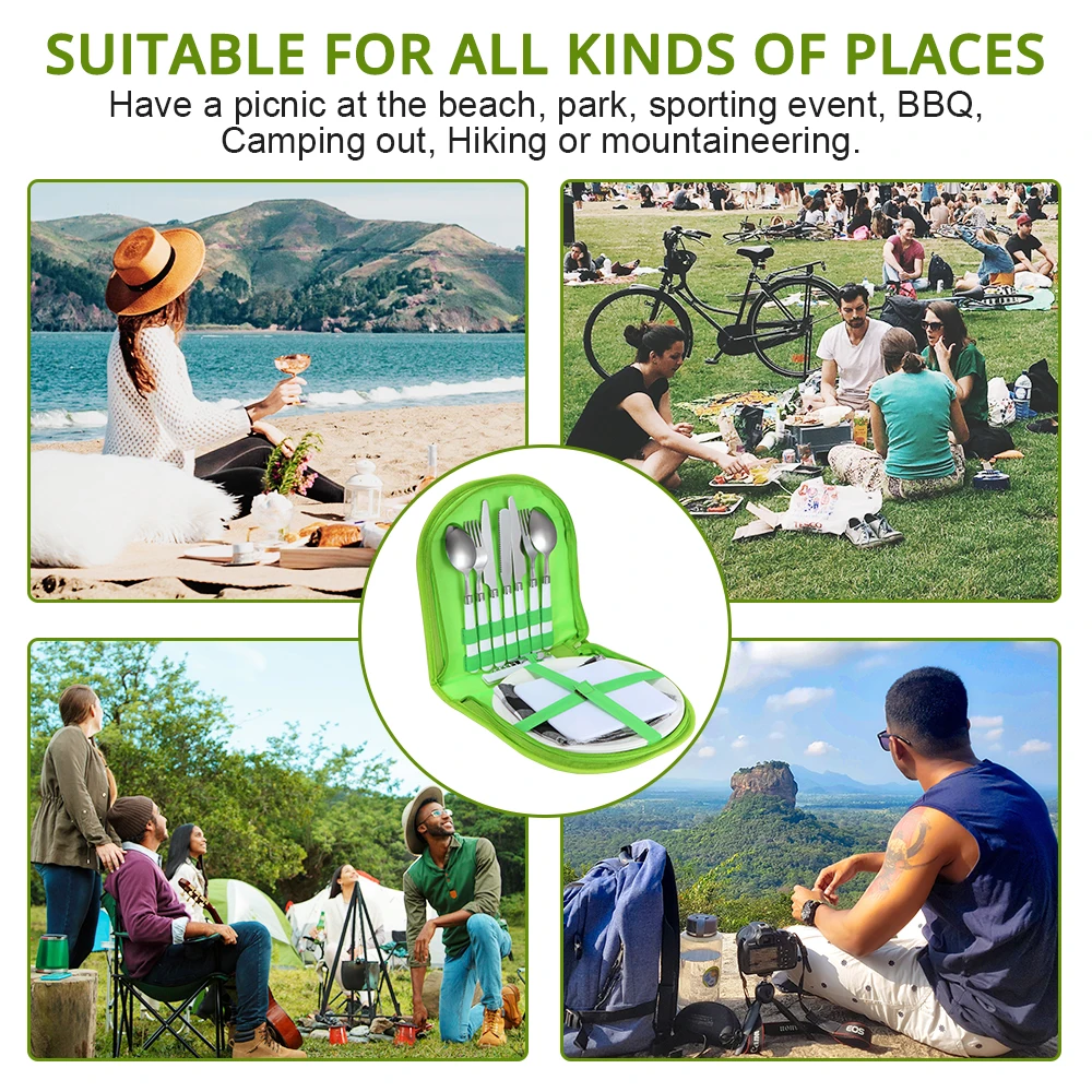 Online Camping Besteck Kit Edelstahl Platte Löffel Wein Opener Gabel Serviette Outdoor Picknick Küche BBQ Reise Utensil Picknick Set