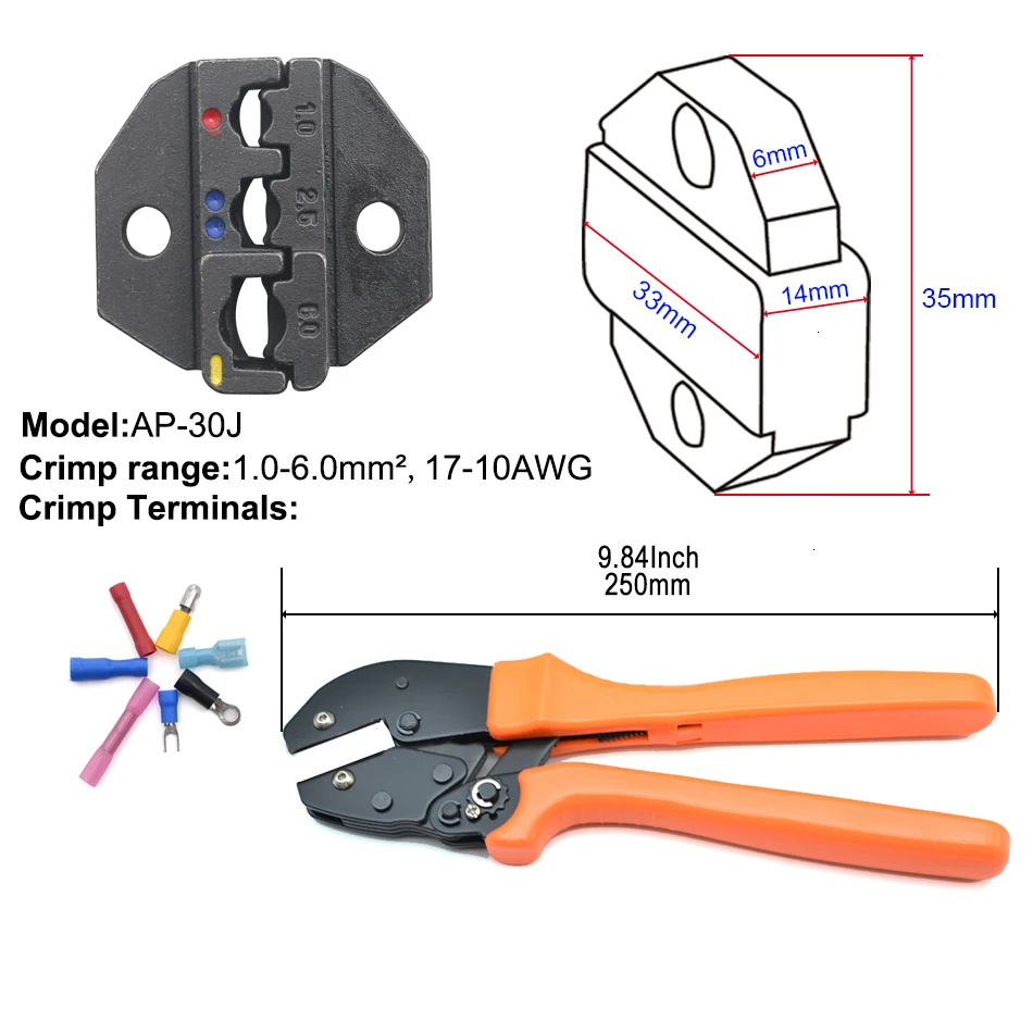 Обжимной инструмент 250 мм трещотка провода щипцы и сменные штампы для термоусадочных разъемов неизолированные наконечники - Цвет: 30J