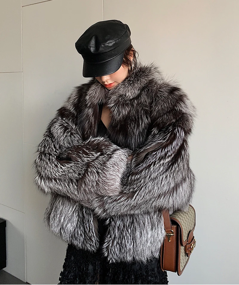 Ftangaiur Winter Import Sliver Fox Fur Coat New Women's O-Neck Solid Weave Loss Fox Coats Medium Natural Real Fox Fur Coats